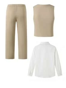SHEIN 三件套青少年男士绅士套装 - 白色长袖衬衫 + 卡其色修身马甲 + 卡其色西裤，优雅正式的生日、婚礼、婚礼宾客、花童、戒指童装 - 卡其色 - 查看 2