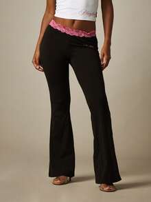 Missguided x Playboy Lace Trim Low Rise Flare Pants With Pink Lace Waistband And Script Logo Detail - Black - View 5
