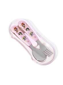 THE POWERPUFF GIRLS X SHEIN Cute Cartoon Cheese Shaped Silver 2-Piece Spork Set, Tableware, Tableware, - Pink - View 4