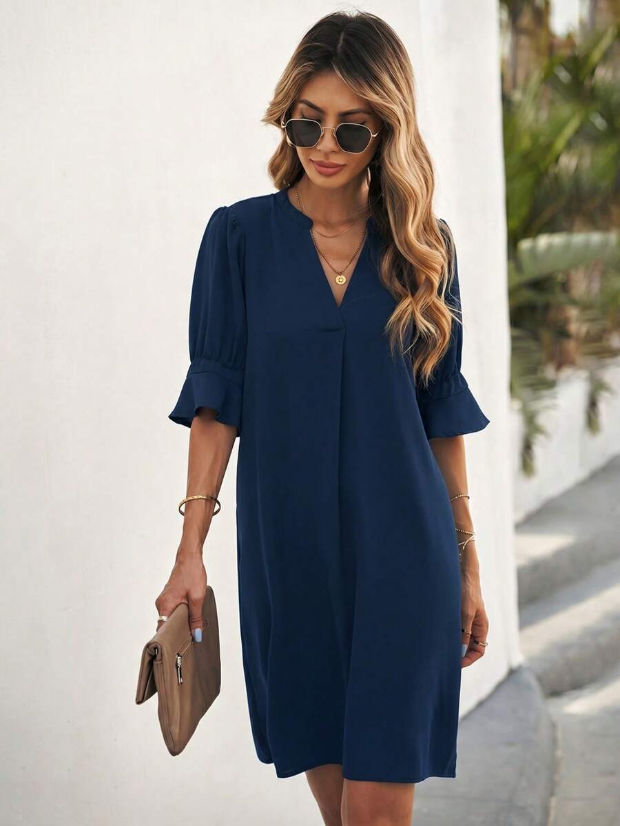 EMERY ROSE Solid Color Notched Neck Casual Daily Mid-Sleeve Dress, Spring/Summer - Navy Blue - View 1