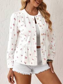EMERY ROSE Áo khoác denim nữ kiểu dáng thường ngày họa tiết hoa nhỏ li ti cài cúc phía trước - trắng - Xem 4
