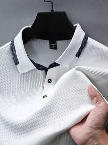 Manfinity Homme Men's Knitted Jacquard Texture Splicing Contrast Collar 3-Button Collar & Cuff Ribbed Polo Shirt, Formal - White - View 4