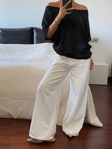 DAZY 女款寬鬆版型不對稱領半袖休閒度假輕量針織毛衣，純色校園夏季款 - 黑色 - 查看 5
