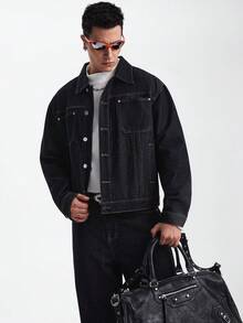 Zorclune Bộ đồ denim nam màu xanh đậm 2 món, áo khoác thường ngày và quần ống rộng, bộ đồ denim nam mùa xuân/thu, quần jeans rộng thùng thình. - Rửa tối - Xem 7