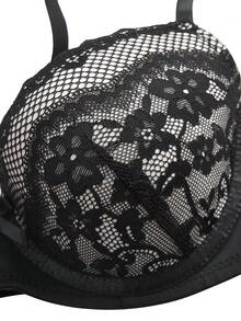 DesireSculpt Lace Patchwork Bow Underwire Bra For Women - Black - View 7