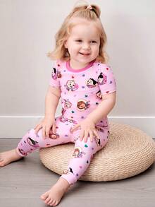 CoComelon X SHEIN Baby Girl Cartoon Print Round Neck Short Sleeve Top And Leggings Pajama Set - Multicolor - View 3