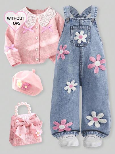 SHEIN Peto de mezclilla lavada para niñas bebé, mono holgado con estampado floral