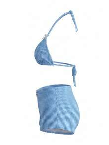 Sweetra Kvinnors söta rutiga texturerade triangelkupbikini - Babyblå - Visa 4