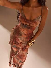 Opulessa Vestido ajustado con volantes y estampado de malla de punto para mujer, ideal para vacaciones de primavera y verano - Caqui - Ver 3