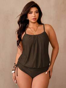 Swim Lushoire Conjunto de tankini de 2 piezas para mujer talla grande, color negro, estilo minimalista casual con camiseta y calzoncillos - Café integral - Ver 1