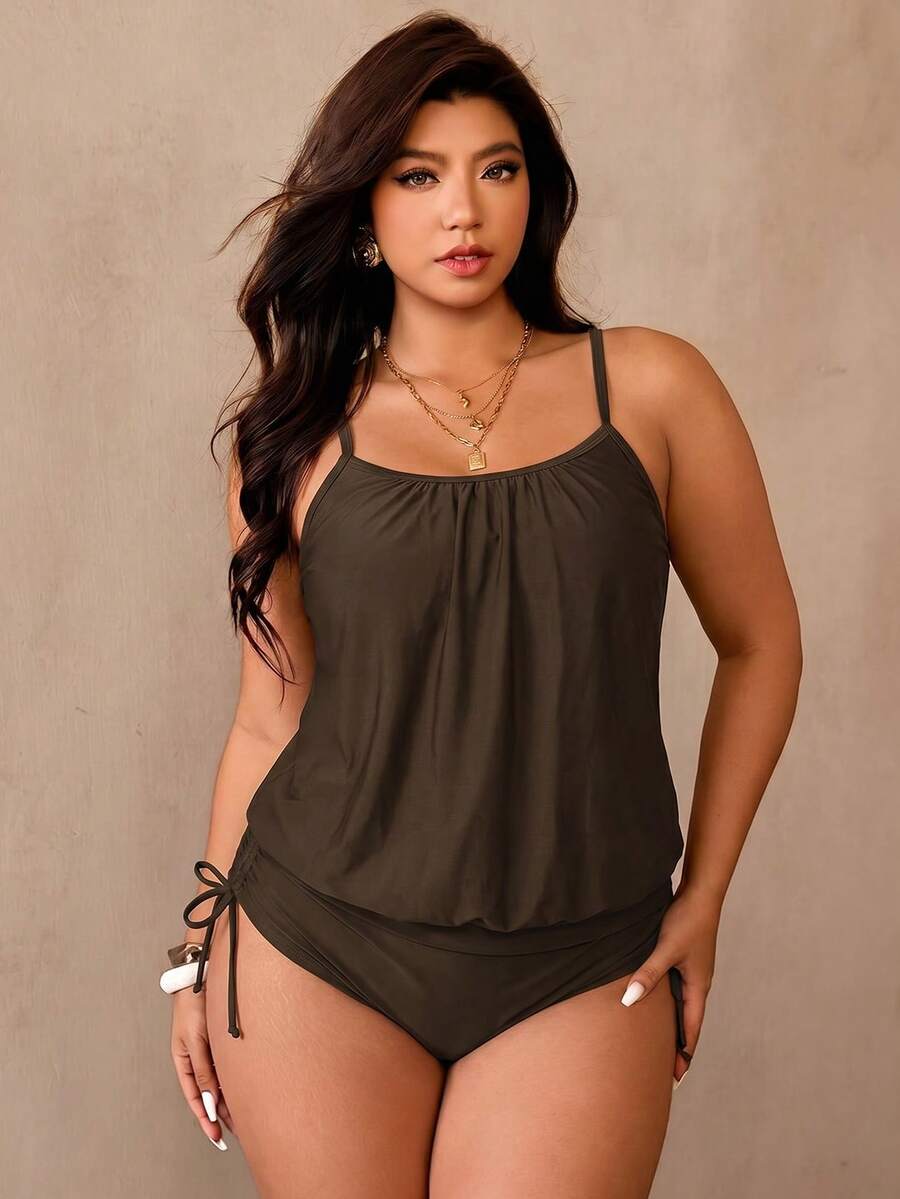 Swim Lushoire Conjunto de tankini de 2 piezas para mujer talla grande, color negro, estilo minimalista casual con camiseta y calzoncillos - Café integral - Ver 1
