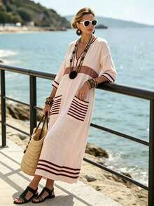 Ceyna 大尺碼女款春夏時尚簡約優雅V領七分袖寬鬆H版型條紋洋裝 - 粉色 - 查看 3