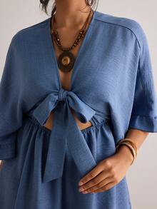 Freevana Plus Size Holiday Solid Color Batwing Sleeve, Ruffle Hem, Tie Waist Jumpsuit - Blue - View 8