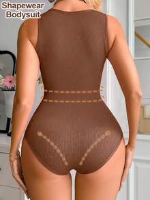 Women Casual Solid Color Crew Neck Sleeveless Body Suit , Briefs With Buckle Design ,Ribbed Tummy Control Seamless Tank Top Bodysuit - Coffee Brown - View 2
