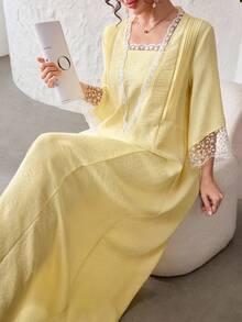 Yasmyna Romantic Lace Patchwork Ruffle Long Sleeve Loose Flowy Slimming Elegant Lady Date Dress - Yellow - View 9
