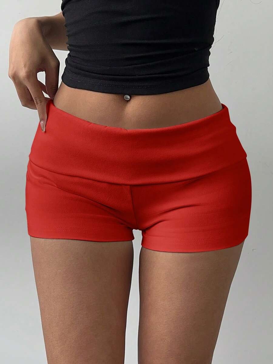 SHEIN BASICS 休闲纯色针织低腰修身女士运动短裤 - 紅色 - 查看 1