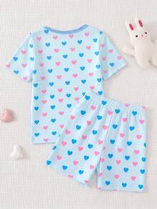 Young Girl' Cartoon Rabbit Print Pajama Set,Light Pink,Night,Soft & Stretchy Knit Round Neck Short Sleeve & Shorts,Cute Summer Wear,2pcs Set,Snug Fit - Blue - View 2