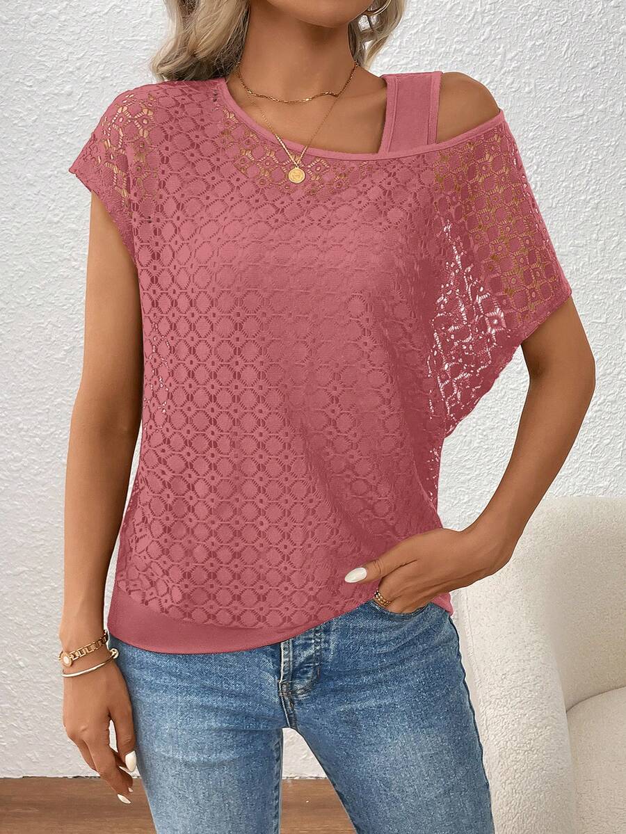 Balvessa Women's Lace Patchwork Asymmetric Shoulder Top - Coral Pink - View 1