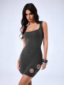 Y2Kool Y2K Sexy Washed Metallic Decor Casual Street Goth Stretchy Women Mini Slip Dress, Suitable For Party Club Night Out, Holiday, Dark Grey Summer - Dark Grey - View 1