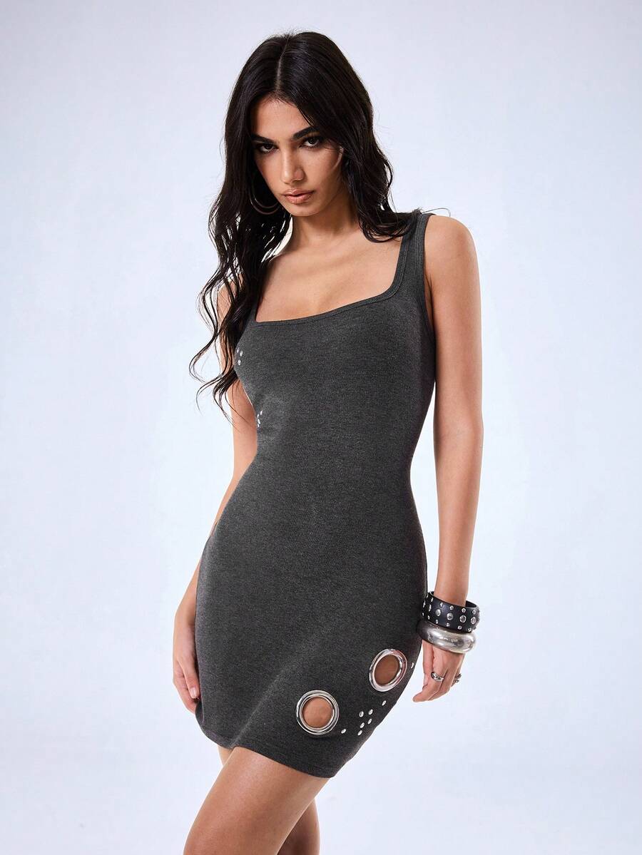Y2Kool Y2K Sexy Washed Metallic Decor Casual Street Goth Stretchy Women Mini Slip Dress, Suitable For Party Club Night Out, Holiday, Dark Grey Summer - Dark Grey - View 1