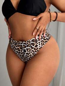 SHEIN Swim Curve Summer 2pcs/Set Plus Size Women's Leopard Print & Solid Color High Waist Bikini Shorts Thong Bikini - Multicolor - View 4