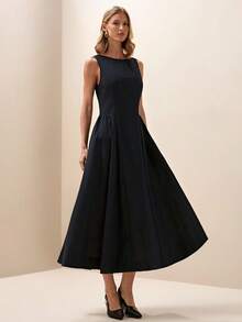 Briarwyn Summer Women's 100% Cotton Solid Color Round Neck Sleeveless Boat Neck A Line Elegant Dress,Office Outfits For Women, Summer Dress,Black Dress - Black - View 6