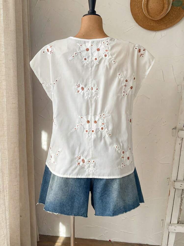 Plus Size Women Vacation Floral Embroidery V-Neck Casual Blouse Summer Summer Outfit For Women Festival Outfits For Women Beach Outfits For Women Vacation Outfits Women Holiday Outfits  For Women Country Concert Outfit Summer Tops Casual Blouse For Women