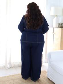 Pretty and Ole Plus Size Women Metal Single-Breasted Denim Shirt And Wide-Leg Pants Casual 2 Pieces Set - Dark Wash - View 2