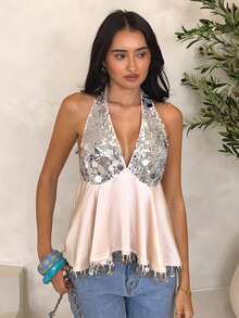 Glamine Áo vest hở lưng cổ yếm đính sequin và tua rua thanh lịch, thời trang cho các buổi hẹn hò và đi chơi mùa xuân/hè. - Màu be - Xem 4