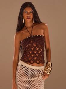 Opulessa Handmade Hollow Out Knitted Halter Neck Top - Brown - View 4