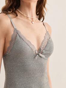 Hourtrue 2pcs Lace Patchwork Bow Decor Romantic Side Slit Camisole Nightgownfor Summer - Multicolor - View 8