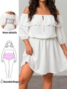 Enliva Vestido Blanco Talla Grande con Hombros Descubiertos, Volantes, Ajuste Holgado y Manga Corta, Para Body Forma de Manzana y Redondeado - Blanco - Ver 2
