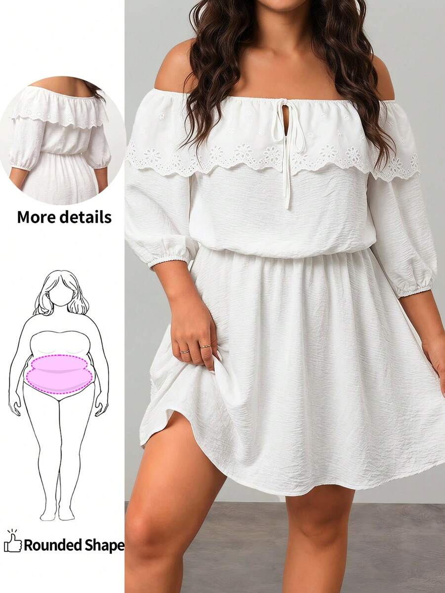 Enliva Vestido Blanco Talla Grande con Hombros Descubiertos, Volantes, Ajuste Holgado y Manga Corta, Para Body Forma de Manzana y Redondeado