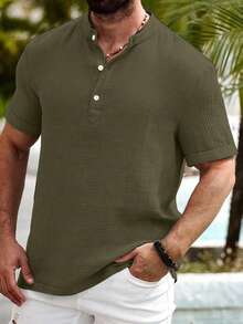 Manfinity Homme Manfinity Nomadique Men's Casual Cotton-Linen Shirt Summer Hengli Collar - Army Green - View 4
