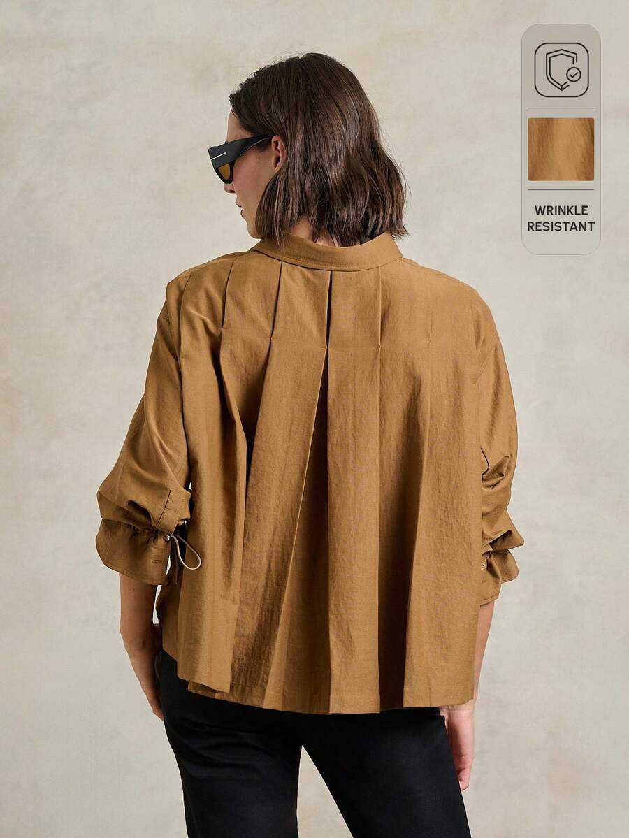 Rouah Blusa holgada con pliegues en la espalda de manga larga color marrón camello con broches premium, puños ajustables fruncidos, camisa de moda para noches de verano - Caqui - Ver 1