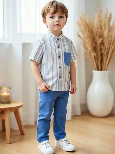 SHEIN Bộ 2 món áo sơ mi ngắn tay và quần dài trơn kẻ sọc cho bé trai, thích hợp mặc hàng ngày, đi nghỉ mát, chơi thể thao, mùa hè.