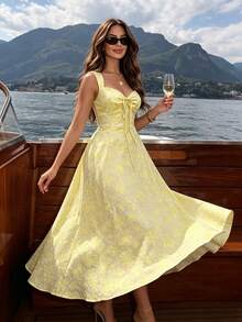 Glamine Charm Đầm maxi nữ màu trơn thêu hoa, thích hợp cho kỳ nghỉ biển, đi làm hàng ngày, phong cách đường phố thường ngày, phong cách quý cô thanh lịch lãng mạn, đầm ôm eo giúp thon gọn cho mùa xuân và mùa hè. - Màu vàng ngỗng - Xem 2