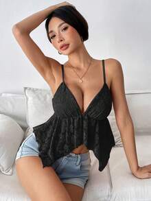 SHEIN Unity Kamisol Renda Hitam dengan Hem Asimetris untuk Liburan Musim Panas yang Seksi - Hitam - View 5