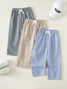 SHEIN 3 piezas Pantalones casuales y cómodos con cintura elástica a rayas para niños, multicolor, adecuados para verano y primavera - Multicolor - Ver 7