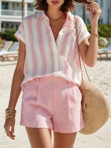 SHEIN Holidaya 女士休闲粉色条纹度假风短袖衬衫和粉色休闲短裤两件套，适合海滩度假 - 粉色 - 查看 7