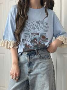 FRIFUL Áo thun nữ tay ngắn dáng rộng thoải mái, in chữ, phối ren, chất liệu cotton pha thoáng khí, đa năng cho mùa xuân/hè. - Màu xanh lam - Xem 4
