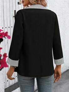 SHEIN Clasi Áo blazer nữ cổ ve áo kẻ sọc, thích hợp mặc thường ngày hoặc đi làm. - màu đen - Xem 2