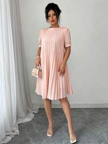 Elenzga Women's Elegant Romantic Loose Solid Color Pleated Petal Sleeve Mini Dress, Versatile For Spring/Summer - Baby Pink - View 6