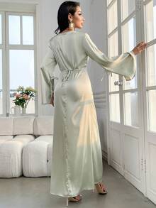 Veilorie Đầm dài tay ôm dáng thanh lịch, cổ buộc dây, màu trơn dành cho nữ. - màu xanh lá - Xem 2