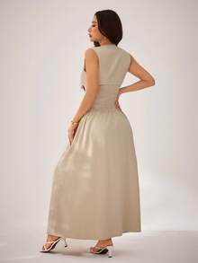 SHEIN PETITE Đầm nữ thanh lịch, tối giản màu kaki giả vải lanh, cổ chữ V, không tay, thắt eo, đầm sơ mi cài cúc phía trước, đầm xòe, đầm thường ngày, đầm phong cách retro, đầm tối giản, đầm đi nghỉ mát. - Màu Khaki - Xem 2