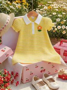 SHEIN 女嬰休閒花卉刺繡紋理 Polo 領條紋拼接前胸泡泡袖針織洋裝，適合夏季度假街頭穿搭 - 黃色 - 查看 4