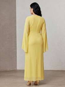 ZEYLAH Fitted Asymmetric Oversized Sleeve Long Dress, Spring Fall - Yellow - View 3