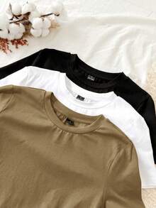 Set Of 3 Slim-Fit Long-Sleeved T-Shirts With Round Neck, 95% Cotton, Minimalist And Casual Style For Women - 多色 3 - 查看 5