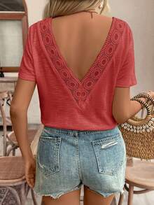 Frenchy Top amarillo con encaje y espalda descubierta, camiseta, imprescindible, conjunto de verano, imprescindible de la temporada de bodas, estilo francés - Color caoba - Ver 5