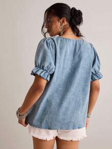 Freevana Plus Size Solid Color 10% Cotton Lace Patchwork Square Collar Short Sleeve Blouse - Green - View 2